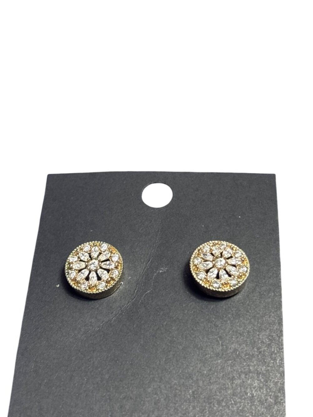 Clear Rhinestone Flower Circle Stud Earrings Goldtone 0.5 inch